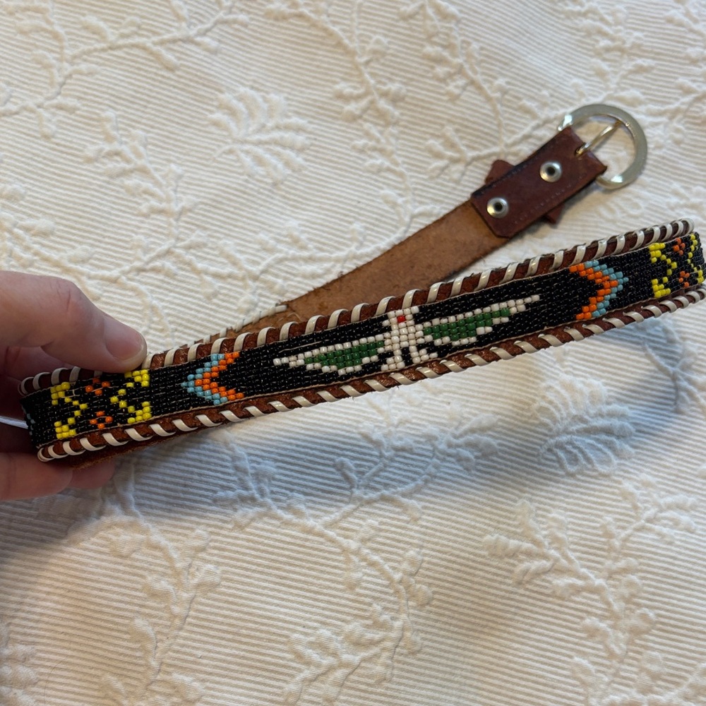 Handcrafted Beaded Leather Belt, vintage, Sz 32/ small